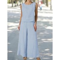 Women's Tank Top Pants Sets Pants Trousers Streetwear Blue Khaki Casual Daily Plain Round Neck S M L XL 2XL miniinthebox - thumbnail