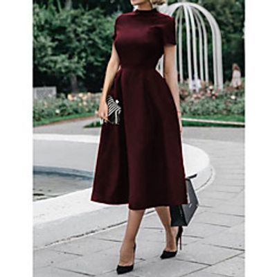 A-Line Open Back Holiday Cocktail Party Valentine's Day Dress High Neck Short Sleeve Ankle Length Polyester with Pleats 2021 miniinthebox