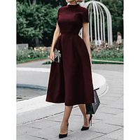 A-Line Open Back Holiday Cocktail Party Valentine's Day Dress High Neck Short Sleeve Ankle Length Polyester with Pleats 2021 miniinthebox - thumbnail