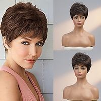 Human Hair Wig Short Straight With Bangs Brown Soft Party Women Capless Brazilian Hair Women's Brown 8 inch Party  Evening Daily Daily Wear Lightinthebox - thumbnail