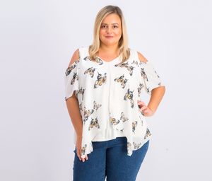 Womens Plus Size Cold Shoulder Layered Top  Ivory