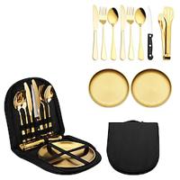 Camping Stainless Steel Outdoor Camping Tableware Dining Plate Steak Knife Fork Spoon Set Portable Cloth Bag Set Lightinthebox