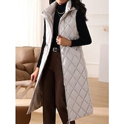 Women's Puffer Vest Long Sleeveless Parka Warm Heated Quilted Gilet Winter Coat Zipper Hooded Jacket with Pocket Outerwear Black Blue Camel L XL 2XL 3XL Lightinthebox