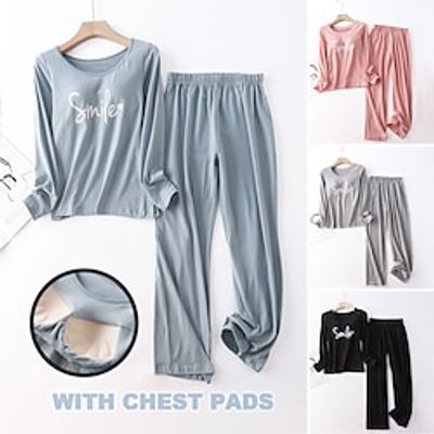 Women's 2 Pcs Loungewear Sets Pajamas Letter Fashion Comfort Home Daily Bed Cotton Breathable Crew Neck Long Sleeve T shirt Tee Pant Chest pads Summer Spring Black Pink Lightinthebox