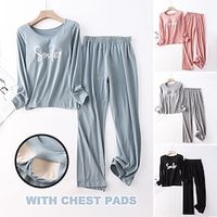 Women's 2 Pcs Loungewear Sets Pajamas Letter Fashion Comfort Home Daily Bed Cotton Breathable Crew Neck Long Sleeve T shirt Tee Pant Chest pads Summer Spring Black Pink Lightinthebox - thumbnail