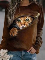 Round Neck Casual Loose Home Cat Print Sweatshirt - thumbnail