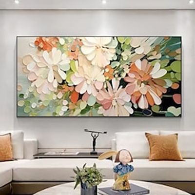 Handmade Oil Painting Canvas Wall Art Decoration 3D Palette Knife Flowers Cream Wind Warm Living Room Dining Bedroom Decorative painting for Home Decor Rolled Frameless Unstretched Painting Lightinthebox