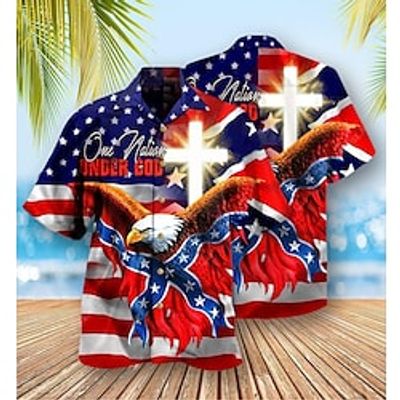 Men's Shirt Summer Hawaiian Shirt Graphic Prints Eagle American Flag Turndown Blue Casual Holiday Short Sleeve Button-Down Print Clothing Apparel Tropical Fashion Hawaiian Soft miniinthebox