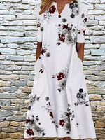 Printed Pocket V-neck Loose Casual Long Shift Dresses