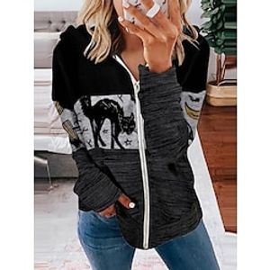 Women's Zip Hoodie Sweatshirt Pullover Cat Zipper Print Daily Weekend 3D Print Streetwear Casual Clothing Apparel Hoodies Sweatshirts  Black Lightinthebox