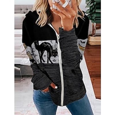 Women's Zip Hoodie Sweatshirt Pullover Cat Zipper Print Daily Weekend 3D Print Streetwear Casual Clothing Apparel Hoodies Sweatshirts  Black Lightinthebox