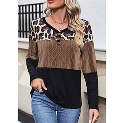 Women's Shirt Blouse Brown Leopard Color Block Button Print Long Sleeve Casual Fashion V Neck Regular Fit Spring   Fall Lightinthebox