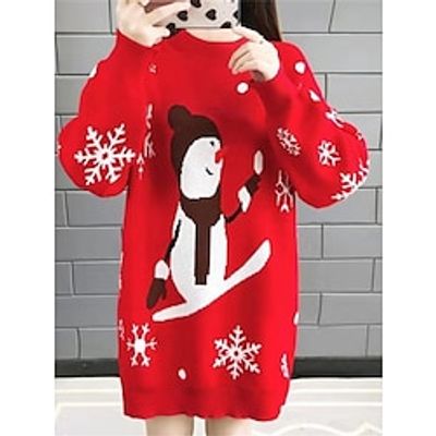Women's Red Christmas Dress Sweater Dress Jumper Dress Mini Dress Ugly Warm Fashion Snowman Snowflake Outdoor Christmas Daily Vacation Crew Neck Long Sleeve 2023 Loose Fit Red Blue One Size Lightinthebox