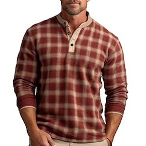 Graphic Plaid Fashion Daily Casual Men's 3D Print Henley Shirt Casual Holiday Going out T shirt Blue Red  White Green Long Sleeve Henley Shirt Spring   Fall Clothing Apparel S M L XL XXL 3XL 4XL Lightinthebox