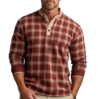Graphic Plaid Fashion Daily Casual Men's 3D Print Henley Shirt Casual Holiday Going out T shirt Blue Red  White Green Long Sleeve Henley Shirt Spring   Fall Clothing Apparel S M L XL XXL 3XL 4XL Lightinthebox