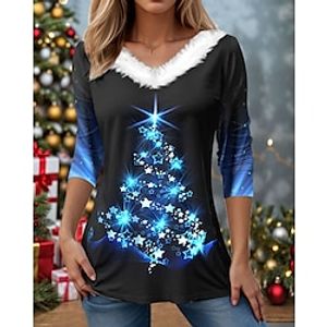 Christmas Shirt Women's T shirt Tee Christmas Tree Sparkly Pink Blue Green Print Long Sleeve Party Christmas Weekend Festival  Holiday Fur Collar Regular Fit Fall  Winter Lightinthebox