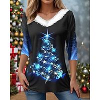 Christmas Shirt Women's T shirt Tee Christmas Tree Sparkly Pink Blue Green Print Long Sleeve Party Christmas Weekend Festival  Holiday Fur Collar Regular Fit Fall  Winter Lightinthebox - thumbnail