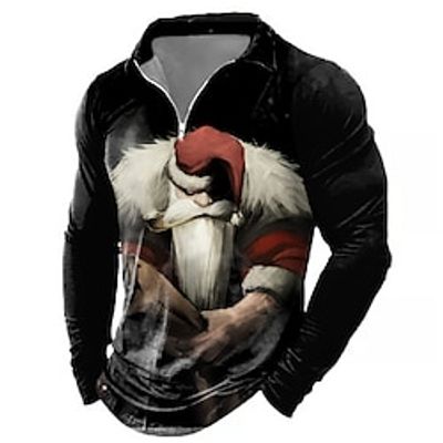 Santa Claus Casual Men's 3D Print Zip Polo Golf Polo Outdoor Casual Daily Streetwear Christmas Polyester Long Sleeve Turndown Zip Polo Shirts Black Red Fall  Winter S M L Micro-elastic Lapel Polo miniinthebox