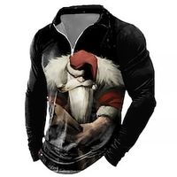 Santa Claus Casual Men's 3D Print Zip Polo Golf Polo Outdoor Casual Daily Streetwear Christmas Polyester Long Sleeve Turndown Zip Polo Shirts Black Red Fall  Winter S M L Micro-elastic Lapel Polo miniinthebox - thumbnail