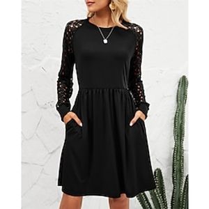Women's Lace Dress claret Black Blue Long Sleeve Pure Color Lace Winter Fall Autumn Crew Neck Winter Dress Weekend Fall Dress 2022 S M L XL 2XL miniinthebox