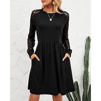 Women's Lace Dress claret Black Blue Long Sleeve Pure Color Lace Winter Fall Autumn Crew Neck Winter Dress Weekend Fall Dress 2022 S M L XL 2XL miniinthebox - thumbnail