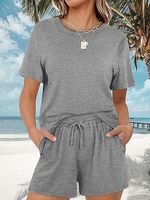 Round Neck Casual Loose Solid Color Short Sleeve Shorts Set