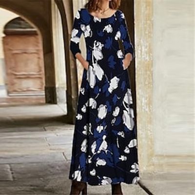 Women's Casual Dress A Line Dress Maxi long Dress Blue Long Sleeve Floral Pocket Print Fall Winter V Neck Vacation Casual 2022 S M L XL XXL 3XL Lightinthebox