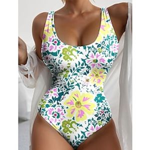Women's Swimwear One Piece Normal Swimsuit Printing Floral White Yellow Blue Sky Blue Purple Bodysuit Bathing Suits Sports Beach Wear Holiday Lightinthebox
