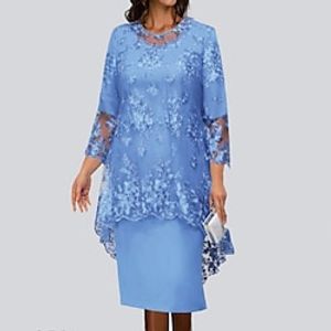 Women's Lace Dress Dress Set Two Piece Dress Midi Dress Wine Champagne Dark Blue 34 Length Sleeve Pure Color Lace Winter Fall Autumn Crew Neck Party Loose Fit 2022 S M L XL XXL 3XL 4XL 5XL Lightinthebox