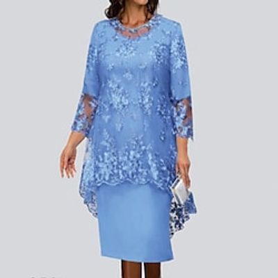 Women's Lace Dress Dress Set Two Piece Dress Midi Dress Wine Champagne Dark Blue 34 Length Sleeve Pure Color Lace Winter Fall Autumn Crew Neck Party Loose Fit 2022 S M L XL XXL 3XL 4XL 5XL Lightinthebox