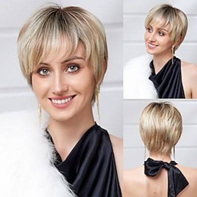 Human Hair Blend Wig Short Natural Straight Pixie Cut Side Part Layered Haircut Asymmetrical Multi-color Cosplay Curler  straightener Natural Hairline Capless Brazilian Hair Women's All Medium Lightinthebox