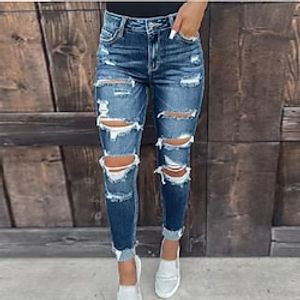 Women's Jeans Distressed Jeans Denim Blue Fashion Street Casual Side Pockets Cut Out Micro-elastic Full Length Comfort Plain S M L XL  Ripped Lightinthebox