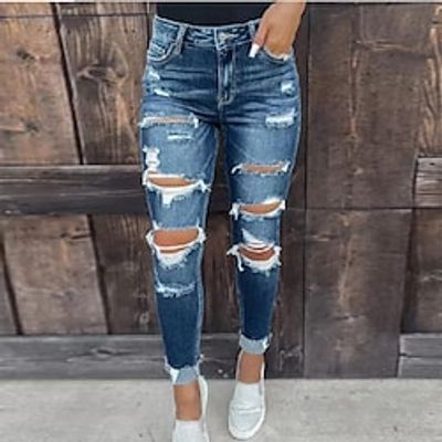 Women's Jeans Distressed Jeans Denim Blue Fashion Street Casual Side Pockets Cut Out Micro-elastic Full Length Comfort Plain S M L XL  Ripped Lightinthebox