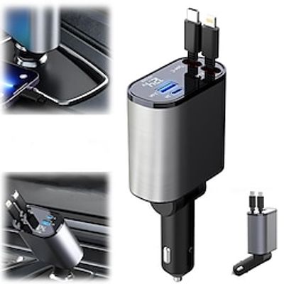 Retractable Car Charger, 100W All Metal Rapid Type-C Car Charger Adapter, Dual USB Car Phone Charger Port Super Fast Charging Adapter Lightinthebox