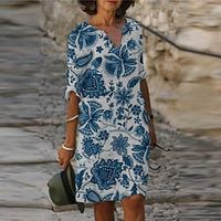 Women's Shift Dress Knee Length Dress Green Blue Light Blue Half Sleeve Floral Print Spring Summer V Neck Elegant Casual 2022 S M L XL XXL 3XL miniinthebox - thumbnail