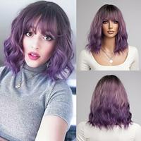 Grey Green Pink Blonde Purple Wig for Women Ombre Purple Bob Wig Mardi Gras Wigs Short Curly Wavy Black to Purple Wig with Bangs Synthetic Heat Resistant Lightinthebox