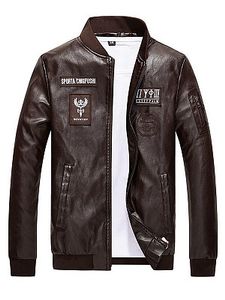Band Collar Decorative Patch Men PU Leather Jacket