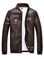 Band Collar Decorative Patch Men PU Leather Jacket - thumbnail