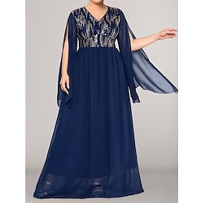 Women's Plus Size Prom Dress Party Dress Sequin Dress Long Dress Maxi Dress Navy Blue Long Sleeve Pure Color Sequins Spring Fall Winter V Neck Fashion Wedding Guest Evening Party Fall Dress 2023 L XL Lightinthebox