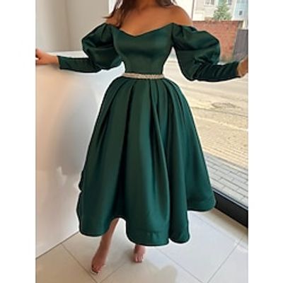 A-Line Evening Gown Elegant Dress Formal Tea Length Christmas Red Green Dress Long Sleeve Off Shoulder Satin with Pleats Crystals 2023 Lightinthebox