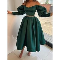 A-Line Evening Gown Elegant Dress Formal Tea Length Christmas Red Green Dress Long Sleeve Off Shoulder Satin with Pleats Crystals 2023 Lightinthebox - thumbnail