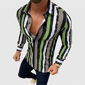 Men's Shirt Hot Stamping Striped Graphic Turndown Street Casual Button-Down Print Short Sleeve Tops Cotton Casual Fashion Breathable Comfortable Green  Summer Lightinthebox