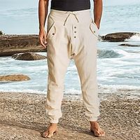 Men's Linen Pants Trousers Summer Pants Beach Pants Drawstring Elastic Waist Elastic Cuff Plain Comfort Breathable Daily Holiday Vacation 100% Cotton Hawaiian Boho ArmyGreen Black Lightinthebox