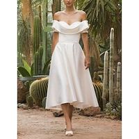 Little White Dresses Wedding Dresses A-Line Off Shoulder Short Sleeve Tea Length Satin Bridal Gowns With Pleats Solid Color 2023 Lightinthebox - thumbnail