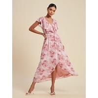 Chiffon Ruffle Floral V Neck Maxi Dress