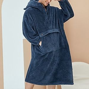 Men's Pajamas Nightgown Wearable Blanket Hoodie Blanket Pure Color Fashion Simple Plush Home Polyester Warm Breathable Hoodie Long Robe Pocket Hoodie Winter Blue Light gray  Flannel Lightinthebox