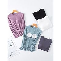 Women's Modal Pajamas Top with Chest Pads Pure Color Simple Casual Comfort Home Daily Bed Breathable Crew Neck Long Sleeve Fall Winter Black White miniinthebox - thumbnail