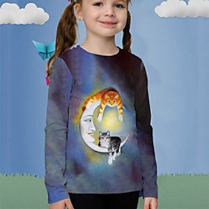 Kids Girls' T shirt Long Sleeve 3D Print Cat Moon Animal Blue Children Tops Fall Active Regular Fit 4-12 Years Lightinthebox