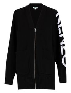 Logo Sleeves Zip Up Cardigan -Black