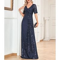 A-Line Party Dresses Sparkle  Shine Dress Formal Floor Length Short Sleeve V Neck Sequined with Sequin 2023 Lightinthebox - thumbnail